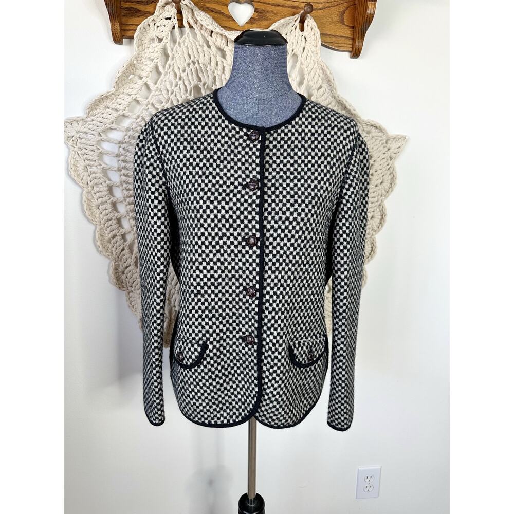 Lands End Vintage 90s Y2K Black White Check Wool Lady Jacket Cardigan Large